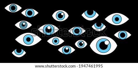 Many cartoon eyes stare out of the darkness. A conceptual illustration of paranoia, surveillance, and the theme of privacy.