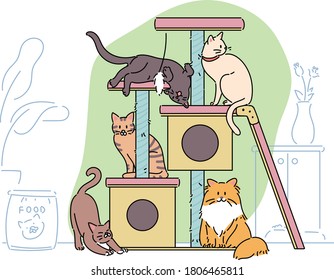 Many cats are playing on the cat tower. hand drawn style vector design illustrations. 