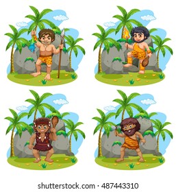 Many cavemen with different weapons illustration
