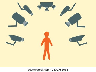 Many CCTV cameras are watching a person. The concept of controlling people.