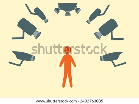 Many CCTV cameras are watching a person. The concept of controlling people.
