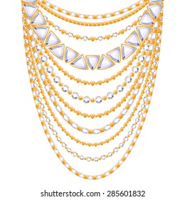 Many chains with diamonds gemstones golden metallic necklace. Personal fashion accessory design.