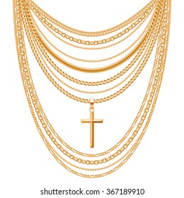 Many chains golden metallic necklace with cross. Personal fashion accessory design.