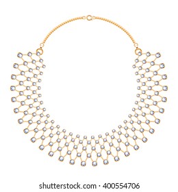 Many chains golden metallic necklace with diamonds gemstones. Personal fashion accessory design.