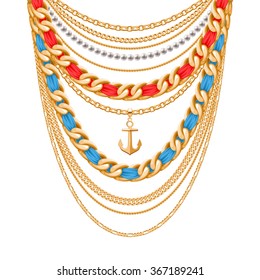 Many chains golden metallic and pearls necklace. Ribbons wrapped. Anchor pendant. Personal fashion accessory design.