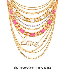 Many chains golden metallic and pearls necklace. Ribbons wrapped. Love word pendant. Personal fashion accessory design.