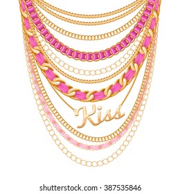 Many chains golden metallic and pearls necklace. Ribbons wrapped. Kiss word pendant. Personal fashion accessory design.