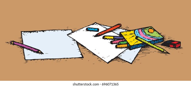Many chalks on table board. Preschool draw craft set on brown backdrop. Freehand bright hand drawn picture sign sketchy in artsy retro cartoon scribble style. Closeup view with space for text