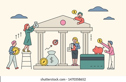 Muchos personajes están haciendo una imagen de las finanzas. Edificio simbólico de un banco. ilustración vectorial mínima de diseño plano.