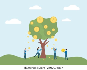 Many characters picking golden coin from green tree with many coins . money coin investment and profit concept.