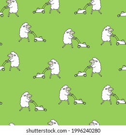 Many cheerful white sheep mows the green grass with a lawn mower and makes lawn. Cute cartoon seamless pattern with funny farm animals on green background.