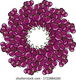 Muchas cerezas dispuestas en círculo. Composición redonda sin inconvenientes con frutos dibujados a mano. Ilustración vectorial sobre fondo blanco.