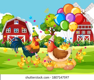 Many chickens in party theme in farm background illustration