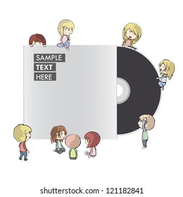 Many children around a CD. Vector design.