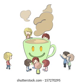 Many children around a cup of tea. Vector design. 