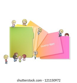Many children around a folder isolated on white. Vector design.