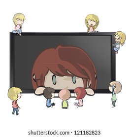 Many children around a TV with girl inside. Vector design.