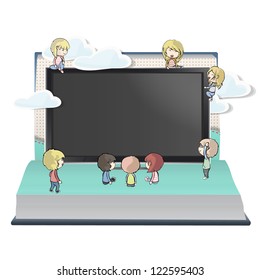 Many children around a TV inside a Pop-Up book. Vector design.