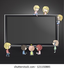 Many children around a TV. Vector design.