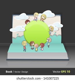 Many children around a web button on book. Vector design.