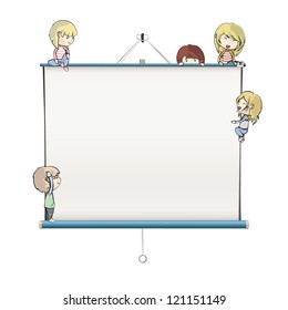 Many children around a white screen. Vector design.
