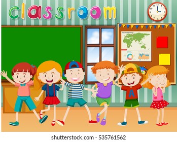 Many children in classroom illustration