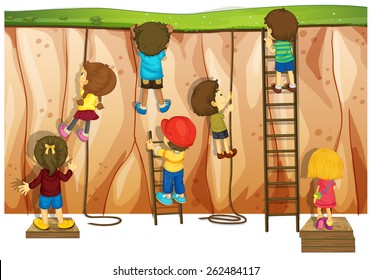 Many Children Climbing Up The Cliff And Ladder