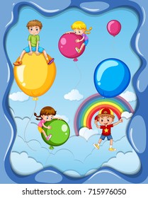 Many children and colorful balloons in sky illustration