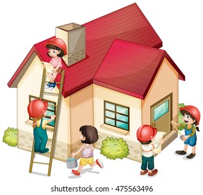 Muchos niños construyendo la ilustración de la casa