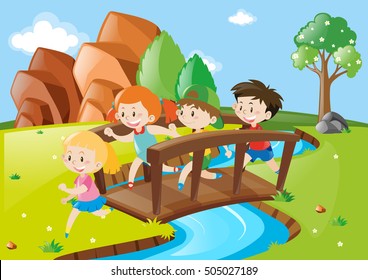 Many Children Crossing Bridge In Park Illustration