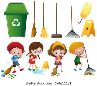 Muchos niños haciendo tareas con diferentes equipos ilustración