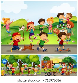 Many children doing things in park illustration