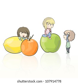 Many children enjoy between fruit. Vector illustration.