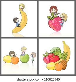 Many children enjoy between a lot of fruit. Collection images of isolated vector illustration.