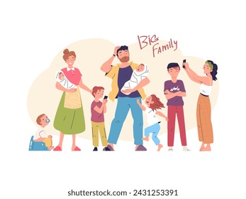 Many children family. Large happy families foster tall cute child, tired stressed parenting newborn babies adult kids, father mom parents daughter son, classy vector illustration of happy large family