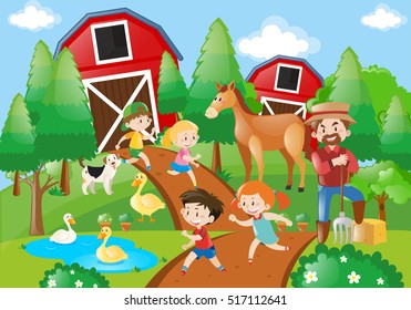 Many children and farmer in the farmyard illustration