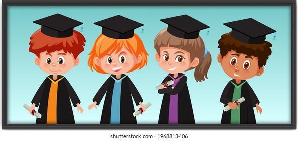 Many Children In Graduation Costume In Photo Frame Illustration
