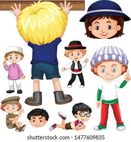 Muchos niños con cara feliz en diferentes acciones ilustración
