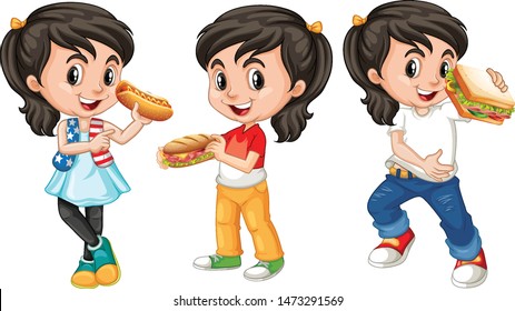 Many children with happy face eating fastfood illustration