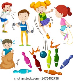 Many children with happy face playing different sports illustration