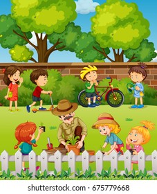 Muchos niños divirtiéndose en la ilustración del parque