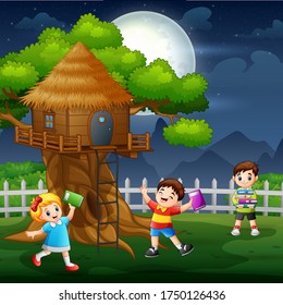 Many children having fun at tree house