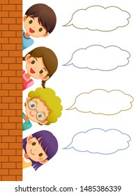 Many children hiding their bodies behind the brick wall, Speech bubble, Cute character cartoon on white background, 
Suitable for sticker, Children's books and card.- Vector illustration