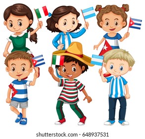 Many children holding flag from different countries illustration