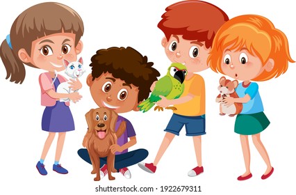 Many children holding their pets cartoon character on white background illustration