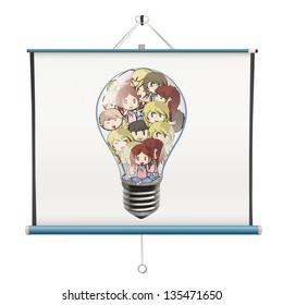 Many children inside a bulb printed on projector screen. isolated vector design.