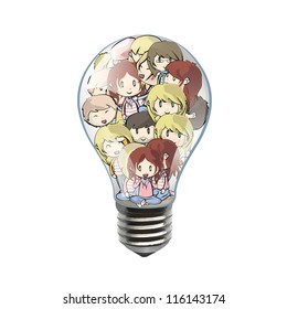 Many children inside a bulb. Vector illustration.