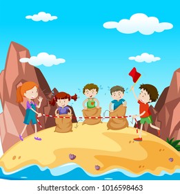 Many children in jumping race on island illustration