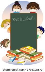 Many children with a large blackboard happily begin the lessons at school with a mask