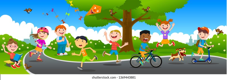 Many children play in the summer park. Vector illustration of happy children playing in playground. Kids play in the summer park. Vector set with children.